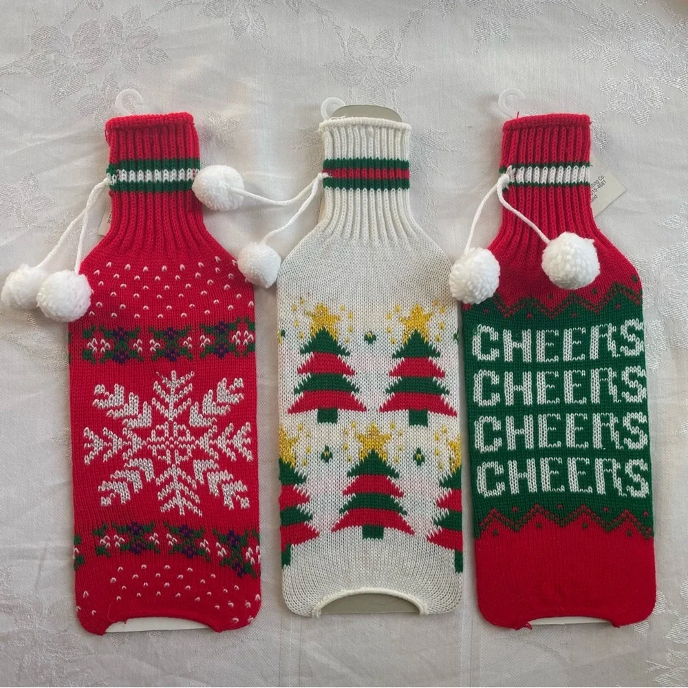 Vtg Ugly Christmas Sweater Knit Bottle Covers Gift Bags w Pom Poms Set of 3 NOS